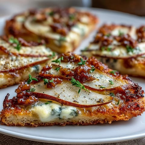 Close-up view of warm Pear, Gorgonzola, and Pickled Walnut Pizzettes with crumbled cheese, sliced walnuts, and a light honey drizzle on a rustic tray.