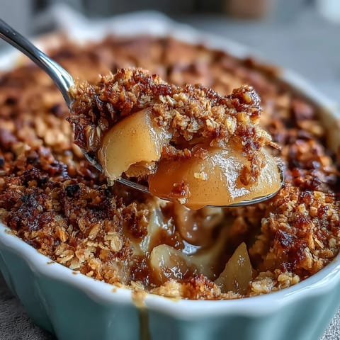 A warm slice of Pear Crumble served with melting vanilla ice cream on top of bubbling golden pears.