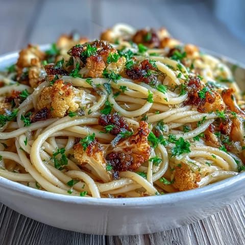 Golden roasted cauliflower, savory anchovy fillets, and sweet raisins tossed with al dente whole wheat spaghetti in a vibrant Italian-inspired bowl.