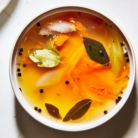 A steaming pot of homemade Vegetable Broth From Scraps, simmering with colorful vegetable trimmings and bay leaves.  