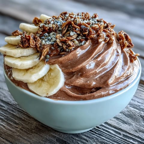 Creamy chocolate and banana smoothie bowl topped with crunchy granola, fresh banana slices, and cacao nibs.  