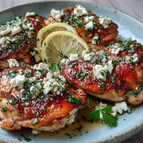 Juicy marinated Greek Chicken with Lemon and Feta garnished with herbs, ready for a healthy dinner.