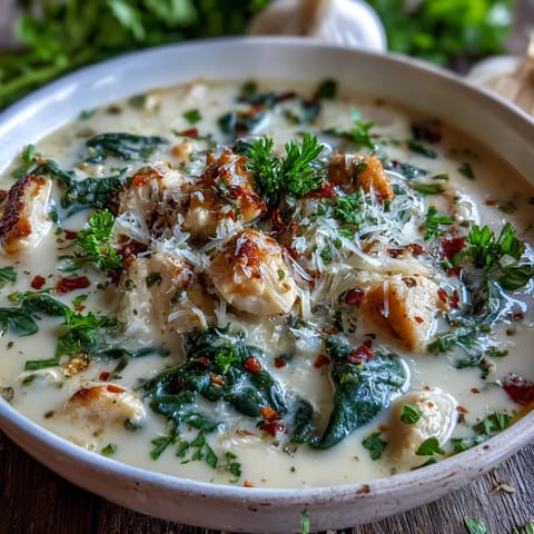 Creamy garlic parmesan chicken soup with tender cubes of chicken, simmered in a velvety broth and garnished with fresh parsley.