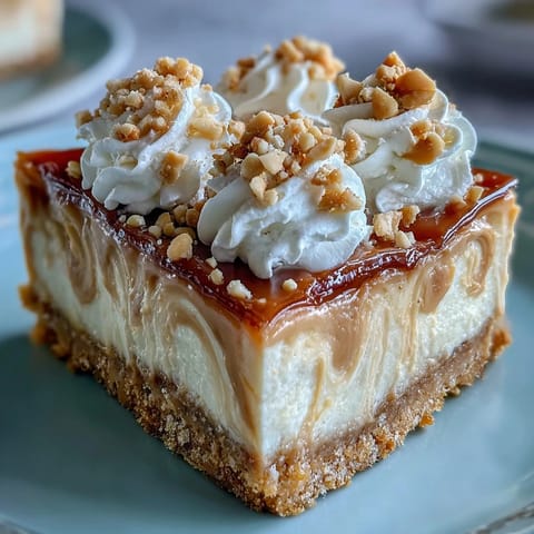 A perfectly sliced piece of Nutter Butter cheesecake on a white plate, topped with a dollop of whipped cream and chopped peanuts.