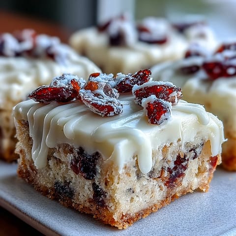 Freshly baked Cranberry Bliss Bars featuring chewy cranberries and smooth orange cream cheese frosting.  