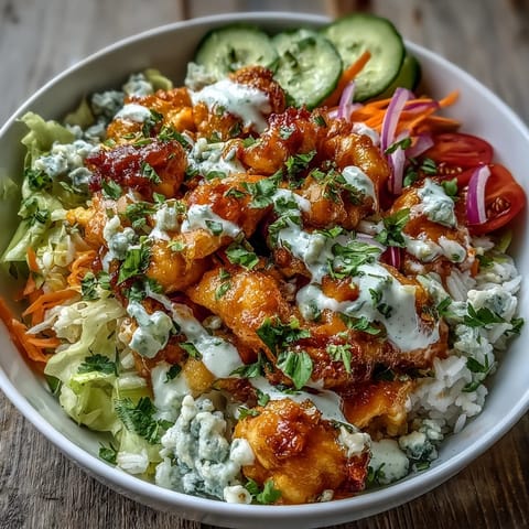 Buffalo chicken bowl with golden chicken atop crisp romaine and tomatoes