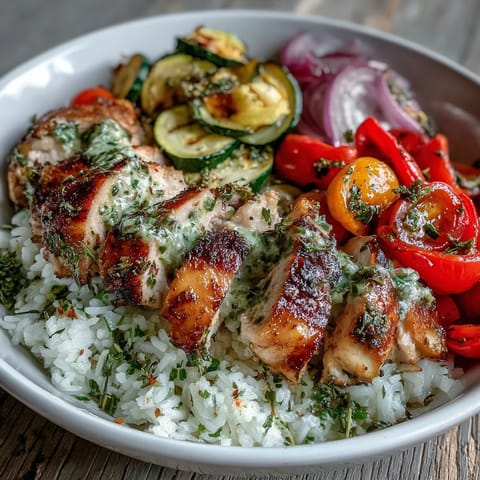 A vibrant Lemon Herb Roasted Chicken Bowl with tender chicken, fluffy rice, and colorful roasted vegetables, drizzled with zesty lemon dressing.