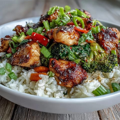 Golden marinated chicken and rice bowl topped with sesame seeds and fresh herbs