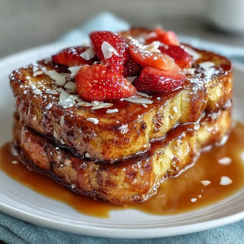 Spring brunch strawberry French toast bake with golden brioche, juicy strawberries, and a cinnamon custard, topped with almonds and sugar.