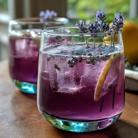 A vibrant lavender lemonade spritz with floral syrup, fresh lemon, and sparkling wine served over ice.