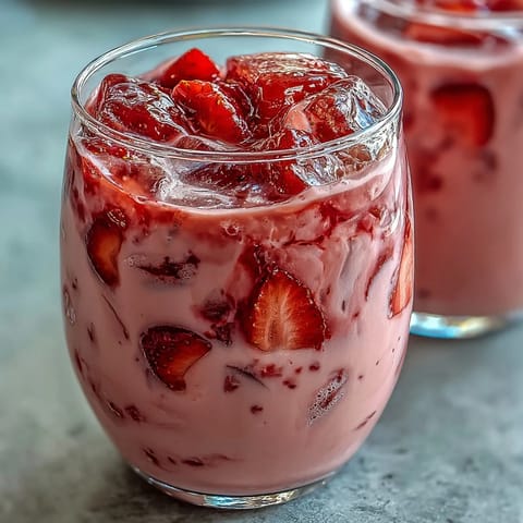 A vibrant pink drink with fresh strawberries and creamy coconut milk, perfect for a refreshing summer treat.
