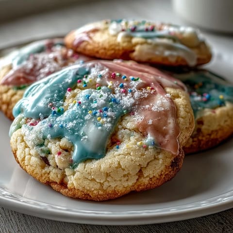 Delicate pastel-glazed lemon sugar cookies, offering a bright citrus flavor and cheerful springtime appeal.