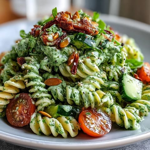 Vibrant green goddess pasta salad featuring cherry tomatoes, cucumber, and spinach, tossed in a smooth avocado-basil dressing.  