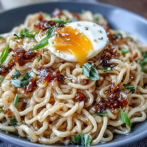 A steaming bowl of viral garlic butter ramen, glistening with rich sauce and topped with soft-boiled eggs and green onions.