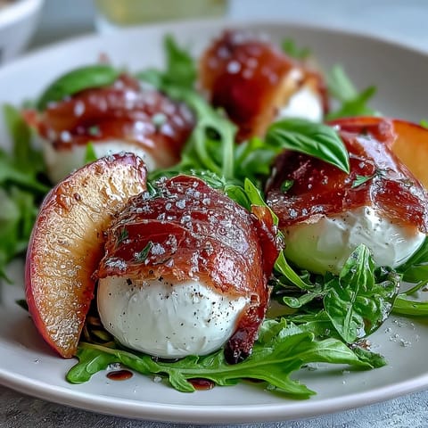 Our Burrata and Peach Summer Salad bursts with ripe fruit, savory prosciutto, and fresh greens.
