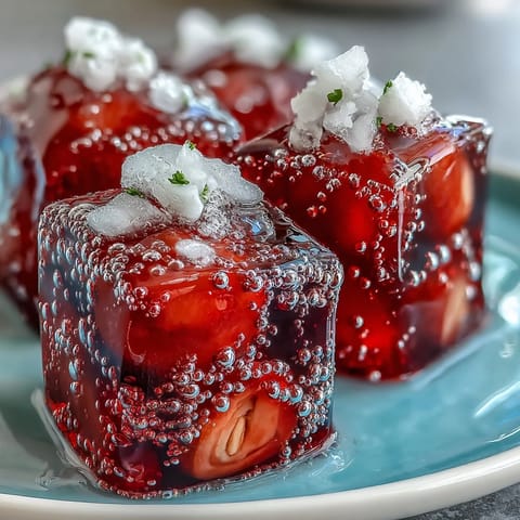 Lychee Agar Jelly Cubes in Sparkling Yuzu Water with fresh mint garnish.