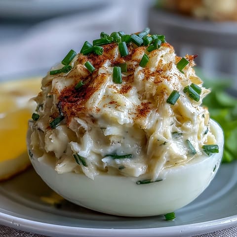 Golden Crab Cake Deviled Eggs with Old Bay, a perfect party appetizer.