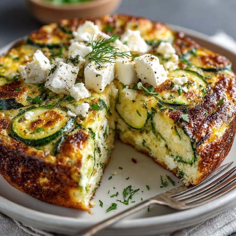 Fluffy, cheesy Herbed Zucchini and Feta Frittata recipe, a delicious vegetarian breakfast bake.
