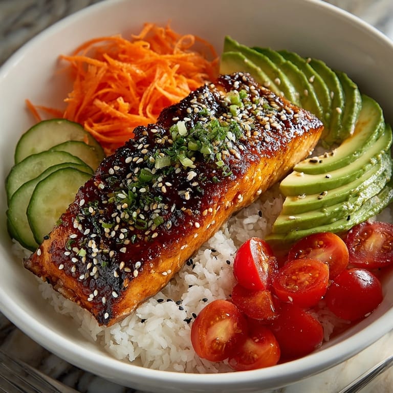 Delicious Honey Mustard Glazed Salmon Bowl: Golden crust, savory-sweet glaze, served fresh, ready to devour.