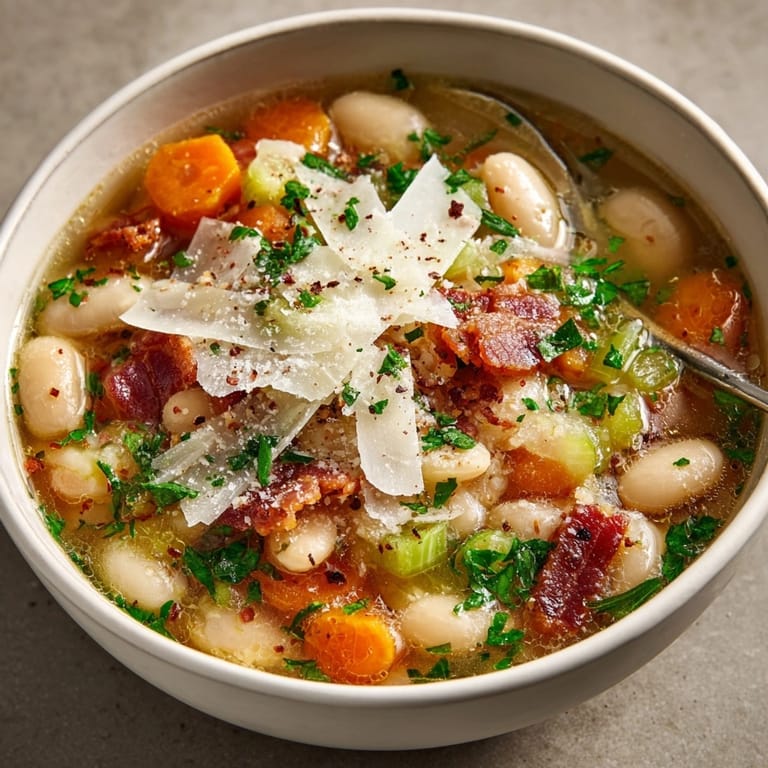 Warm, hearty White Bean Soup with Bacon, garnished with Parmesan, ready to serve.