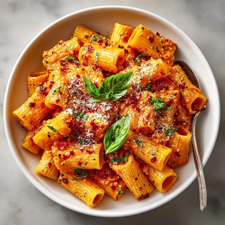Close-up shot of Gigi Hadid Spicy Rigatoni, a flavorful, creamy pasta with vibrant red sauce.