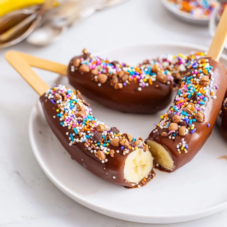 Homemade Frozen Chocolate Bananas, displayed with crunchy nuts, and colorful sprinkles, ready to eat.