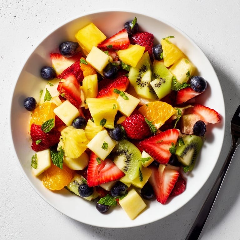 Close-up view of a colorful Fruit Salad recipe, ready to be served chilled.