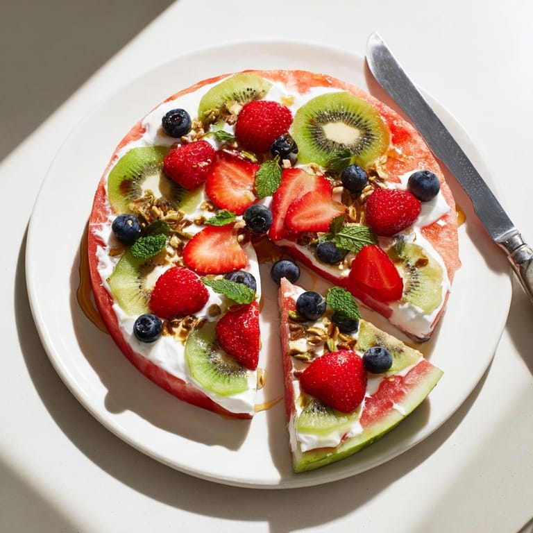 Close-up of a slice of Watermelon Pizza, showing juicy fruit, creamy yogurt, and crunchy toppings.