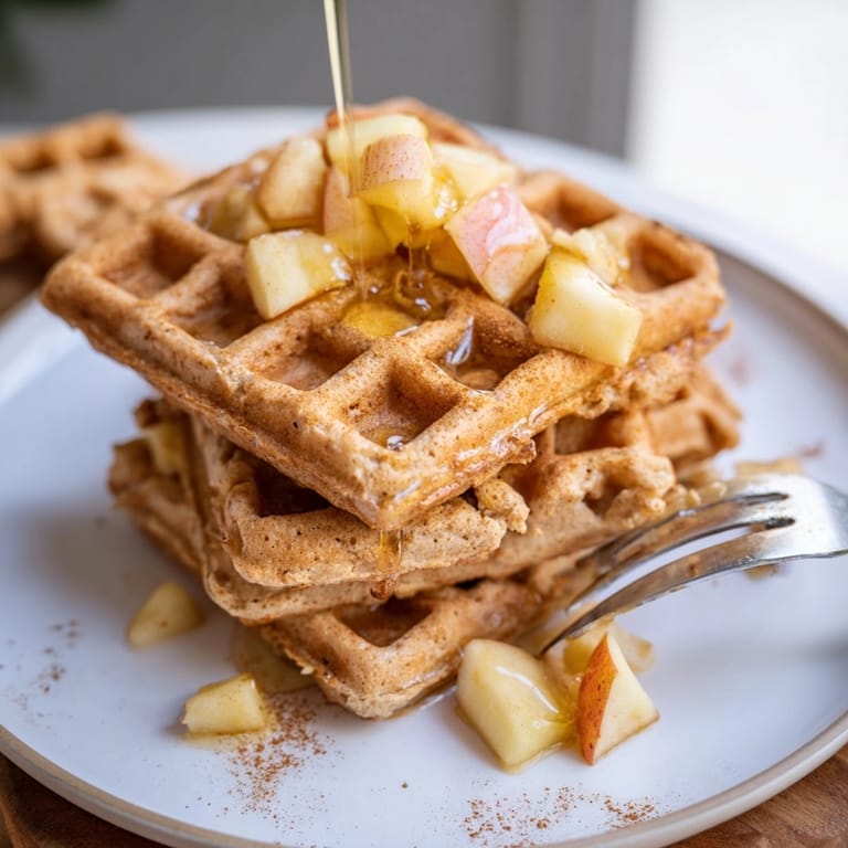 Warm, fragrant Cinnamon Apple Protein Waffles batter being poured into a preheated waffle iron.