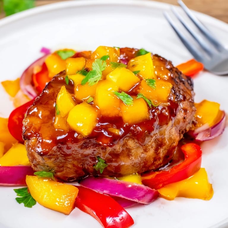 Golden baked Mango BBQ Pork Chop Bake with tender pork, sweet peppers, and onions.