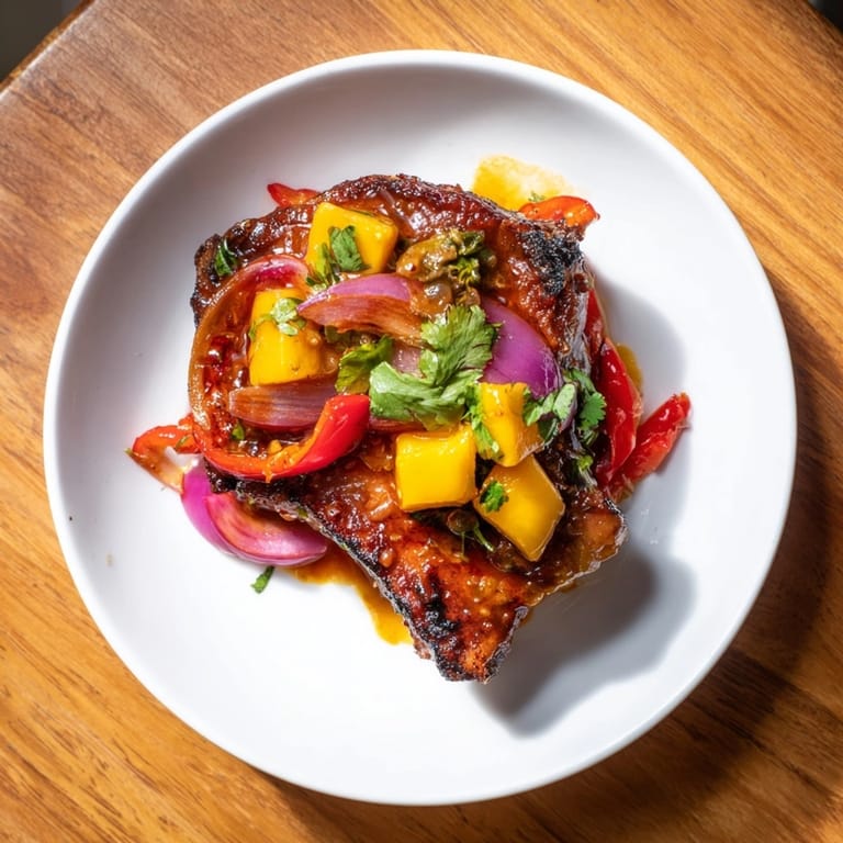 Juicy Mango BBQ Pork Chop Bake with savory-sweet sauce and fresh cilantro garnish.