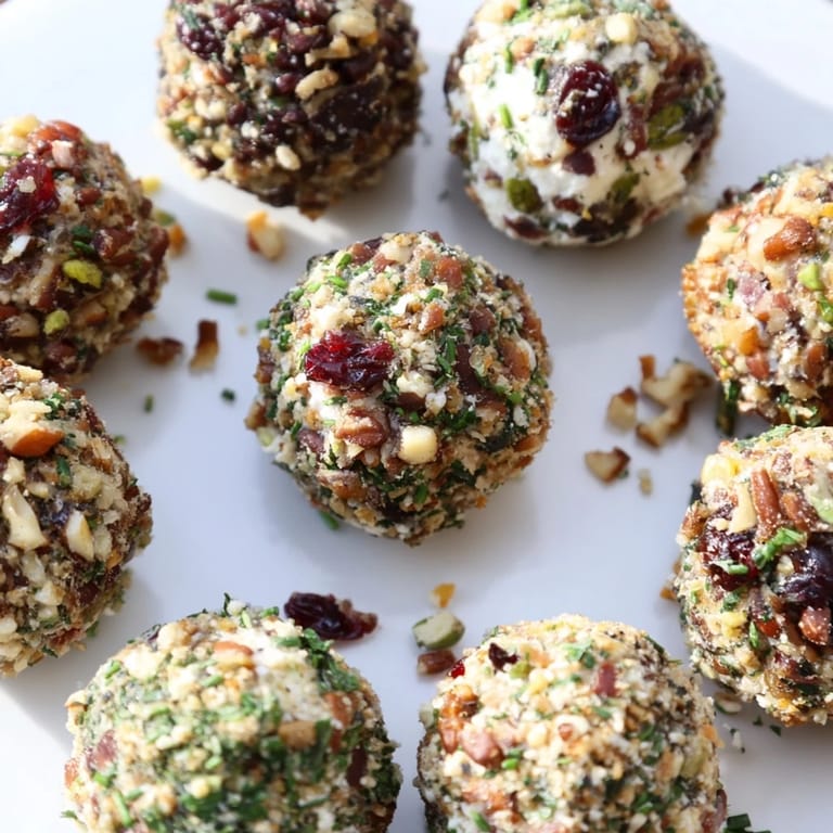 Bite-sized charcuterie board snack balls, rolled in herbs and nuts for added crunch.