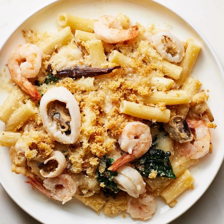 Delicious layers of tender pasta, shrimp, and squid in Japanese seafood pasta bake.  