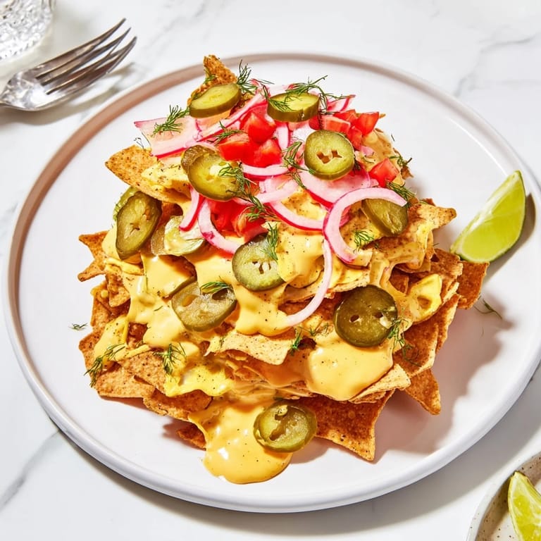 Deliciously layered dill pickle margarita nachos, drizzled with creamy cheese and herbs.  