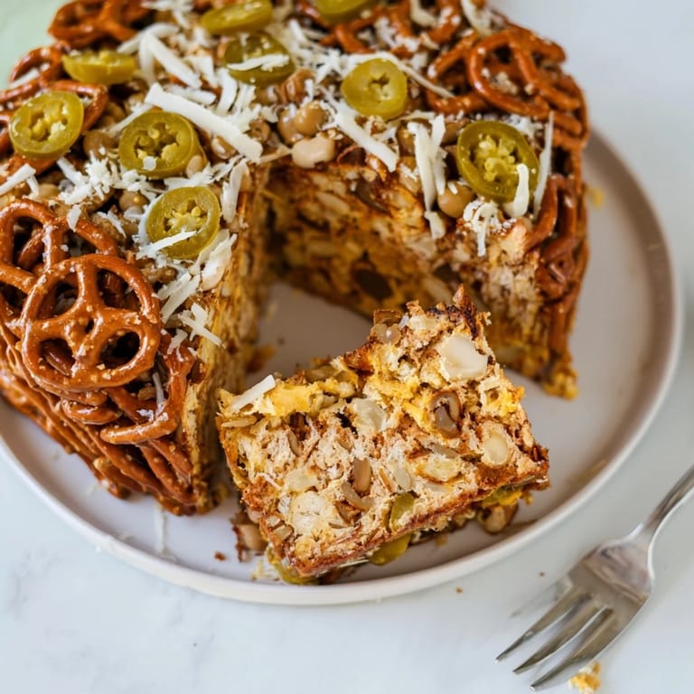 A slice of Spicy Ranch Pretzel “Chaos Cake” shining with melted cheese and vibrant toppings.  