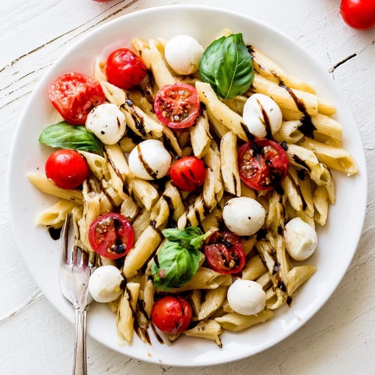 Refreshing Easy Caprese Pasta Salad served cold, perfect for summer gatherings and picnics.  