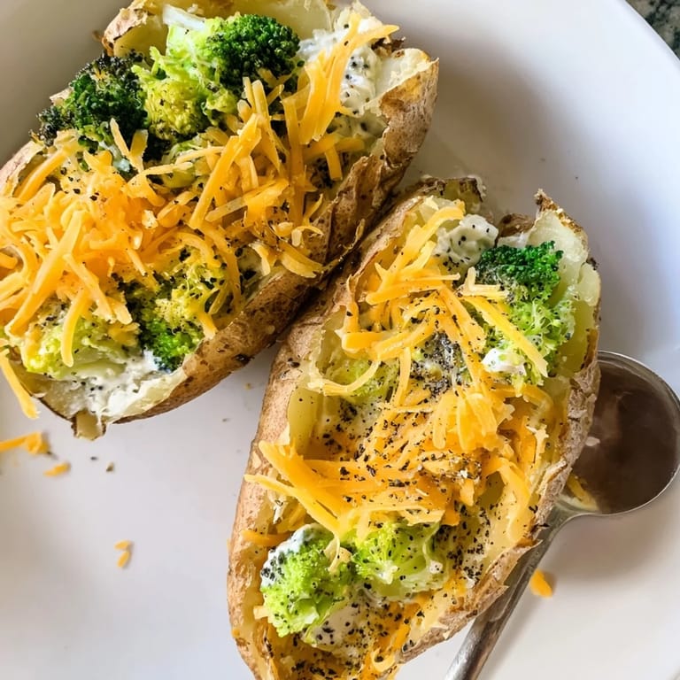 Deliciously baked Cheesy Broccoli Stuffed Potatoes, perfect for a cozy family dinner.