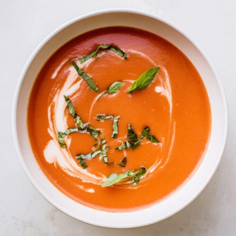 Rich and smooth creamy tomato basil soup served with crusty bread for dipping.
