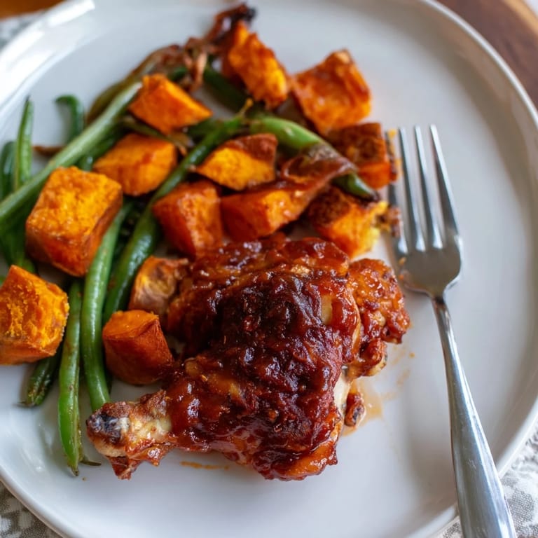 Effortless BBQ Chicken Sheet Pan Dinner showcasing juicy chicken thighs alongside roasted sweet potatoes.