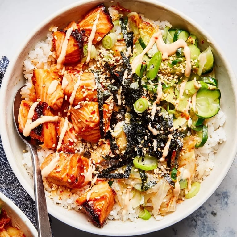 Savor the textures in this crispy salmon rice bowl with spicy mayo and tasty toppings.