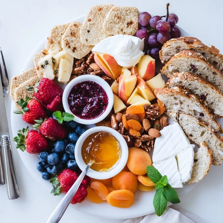 Vibrant brunch board featuring sweet jams, creamy cheeses, and crunchy bread options.  