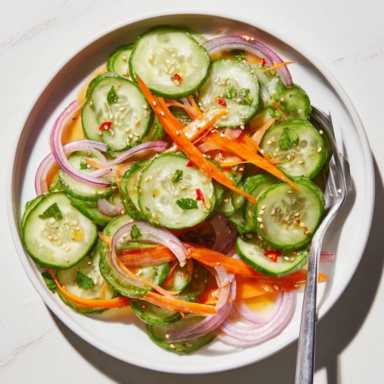 Savory cucumber salad remix, drizzled with fish sauce and garnished with sesame seeds.