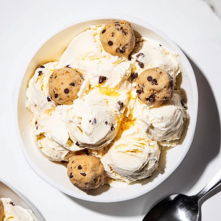 Indulge in protein-packed cottage cheese ice cream, swirled with edible cookie dough.  