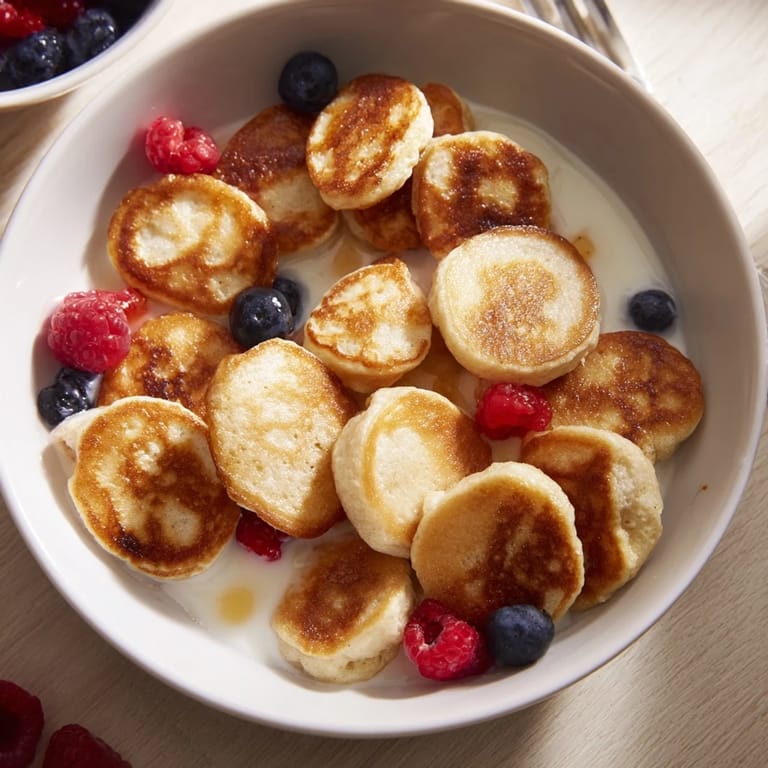 Delightful bite-sized mini pancakes topped with fruit, perfect for a playful breakfast.  