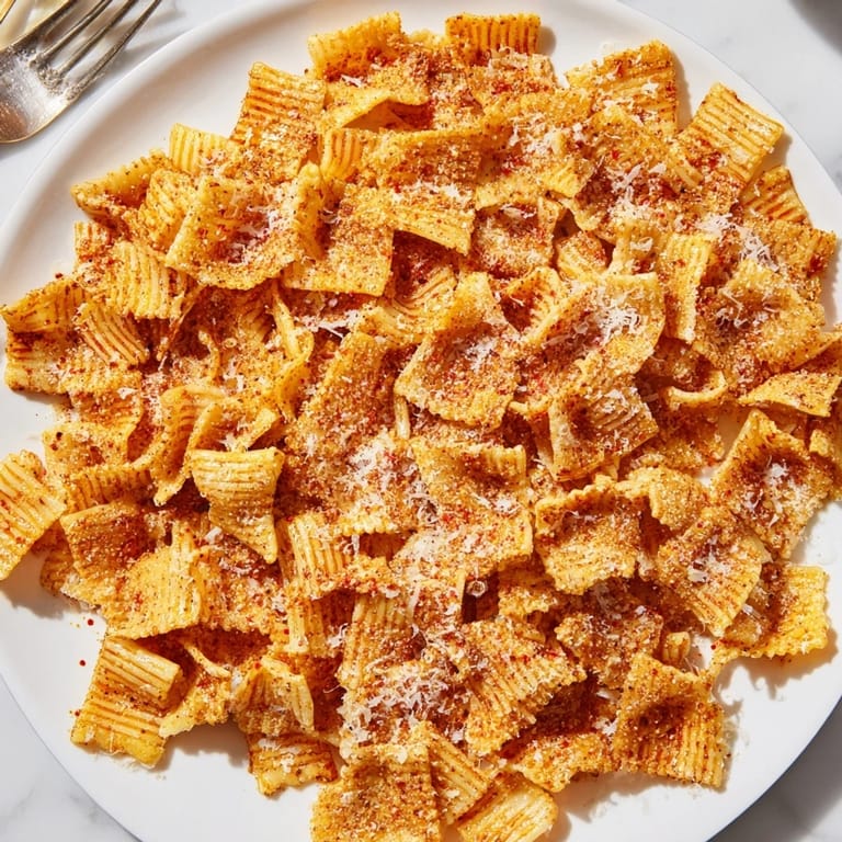 Golden-brown Pasta Chips Seasoned Variety coated in herbs for a savory snack.  