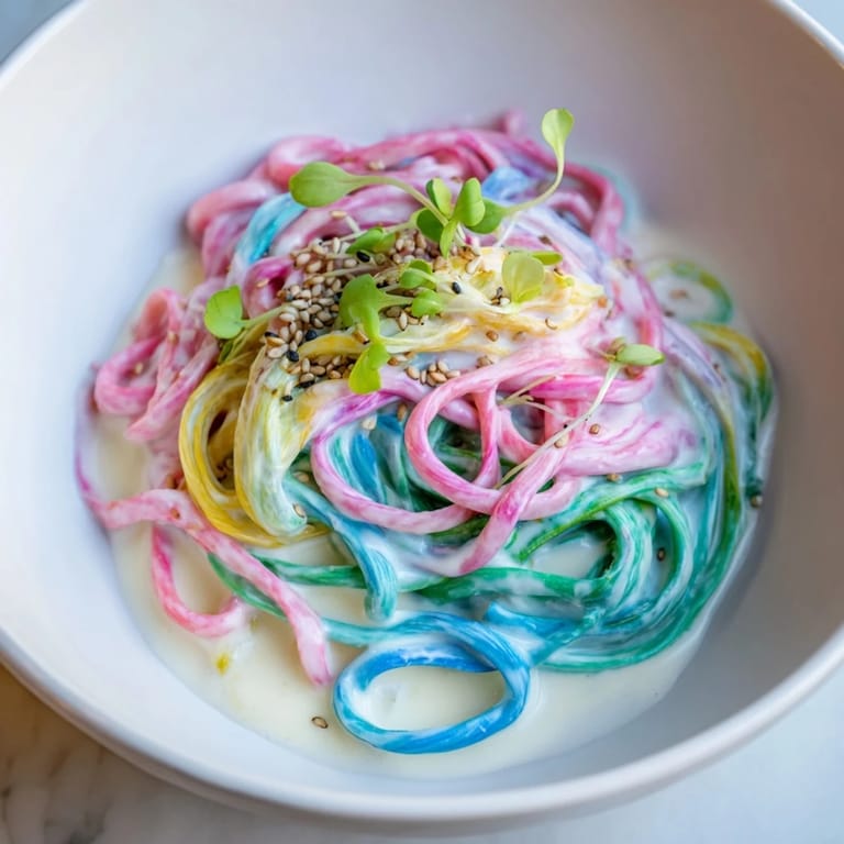 Whimsical Neon Noodle Cloud topped with scallions and edible flowers for a fun presentation.