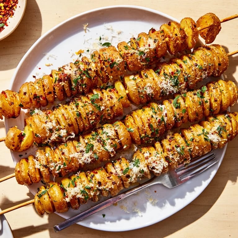 Fun-to-eat air-fryer tornado potatoes, garnished with Parmesan and fresh parsley.