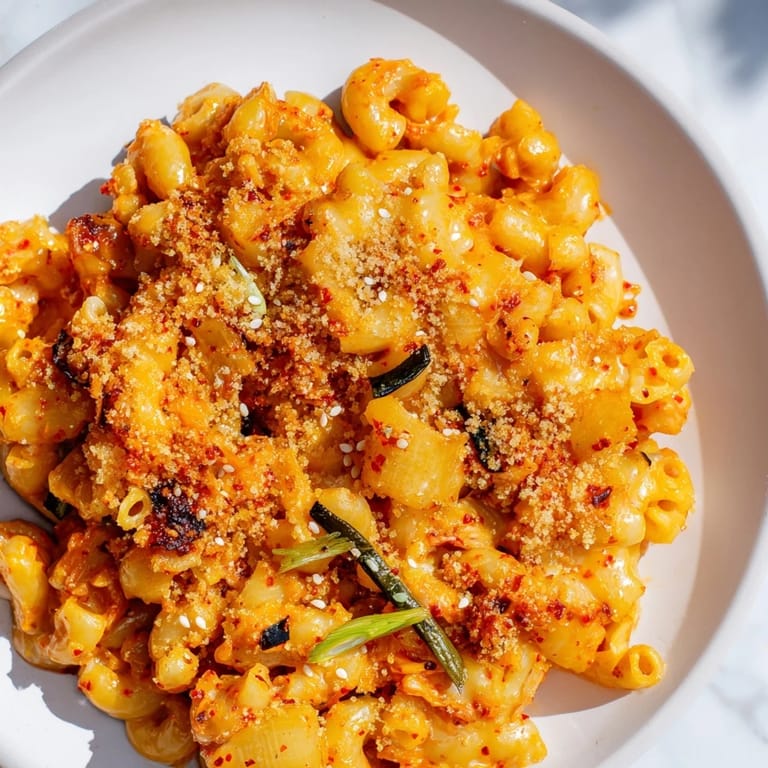 Oven-baked Spicy Kimchi Mac & Cheese, bursting with flavor and creamy textures.
