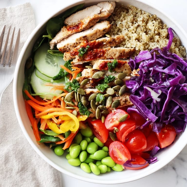 Vibrant Healthy Meal-Prep Bowls filled with layers of grains, fresh vegetables, and zesty dressing.  
