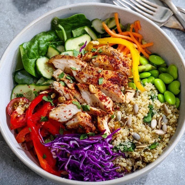 Healthy Meal-Prep Bowls featuring grilled chicken, bright vegetables, and a tangy olive oil dressing.